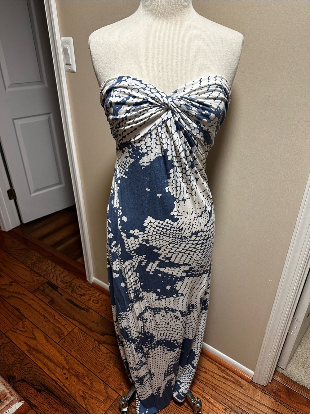 envy Strapless Twist Maxi Dress in Blue & White